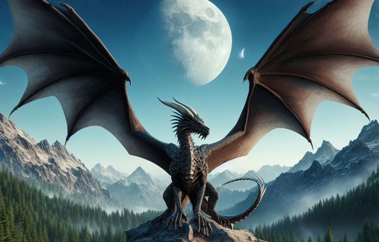 Photo wallpaper forest, the sky, mountains, pose, fog, rocks, the moon, dragon