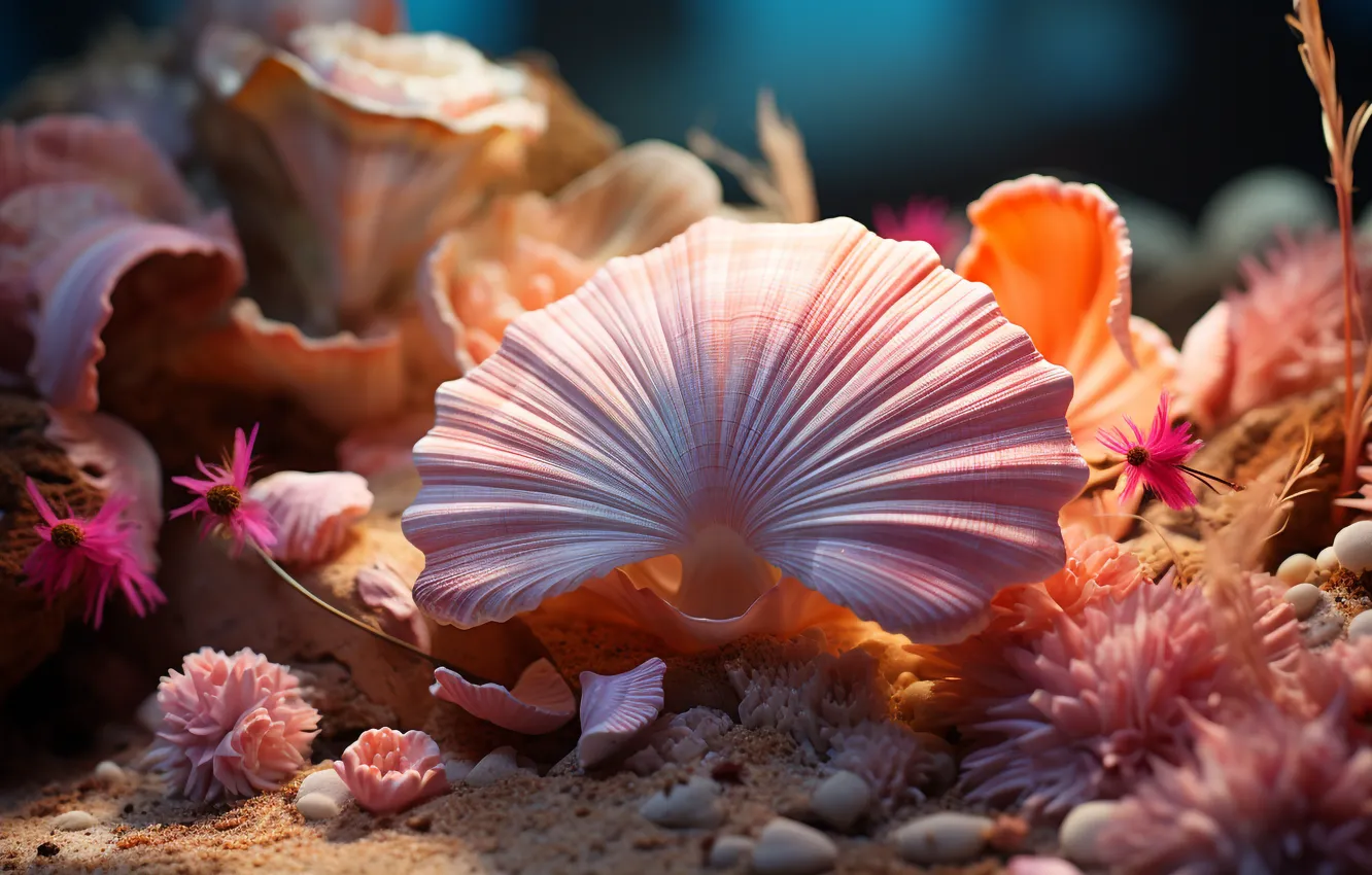 Photo wallpaper sea, beach, the ocean, shore, shell, seashells, seashell, AI art