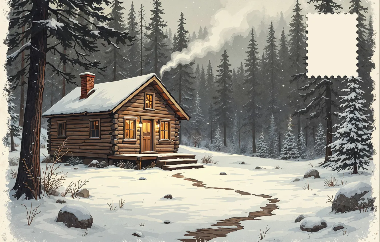 Photo wallpaper winter, forest, snow, branches, house, stones, glade, smoke