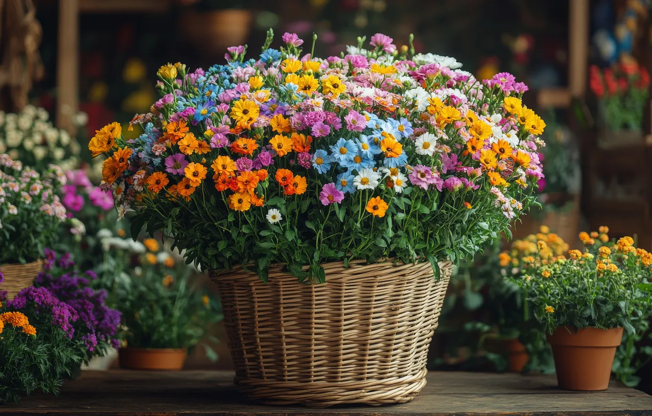 Photo wallpaper summer, flowers, bouquet, basket, different, shop, rkie, AI art
