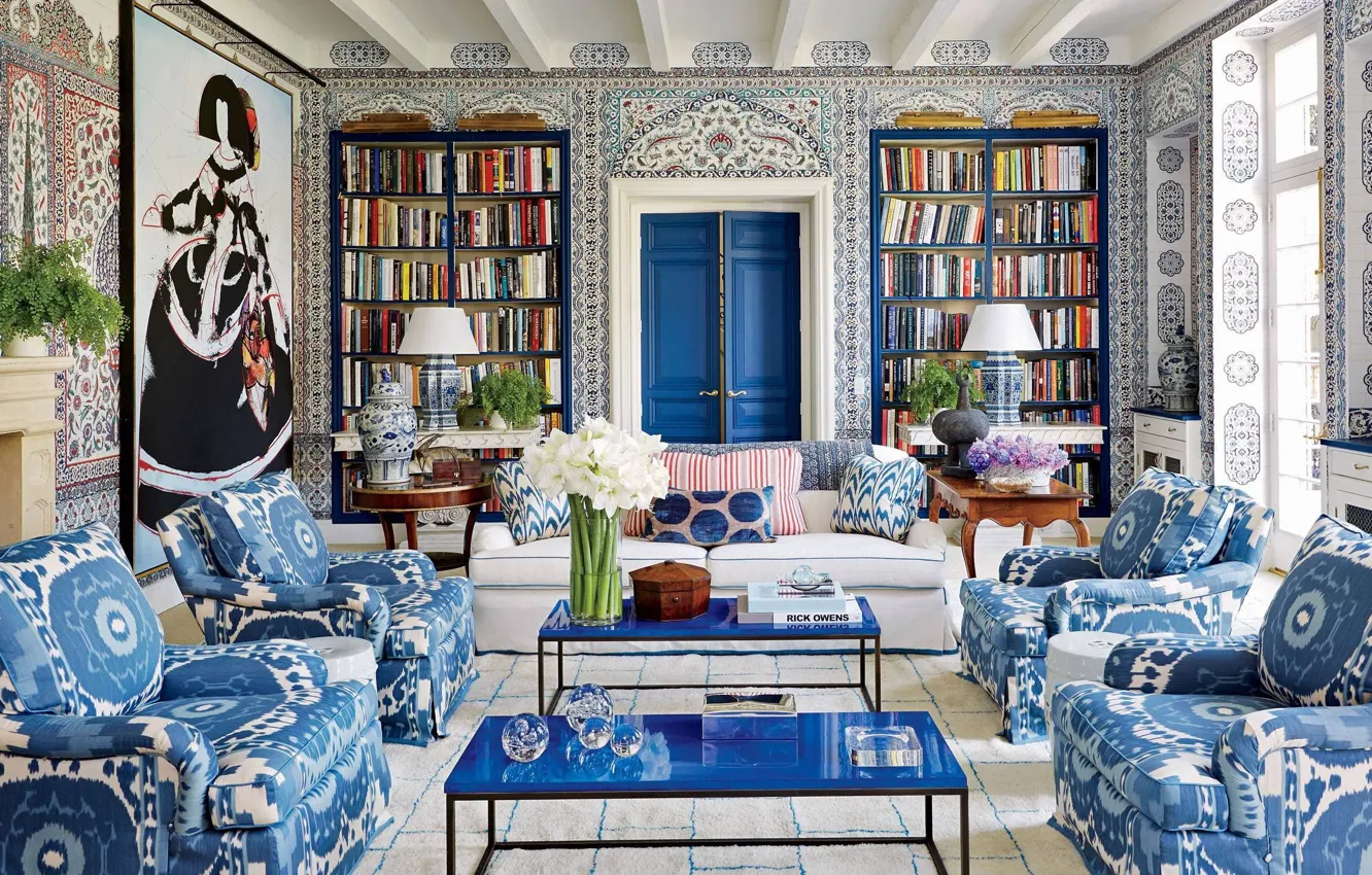 Photo wallpaper design, style, interior, fireplace, library, living room