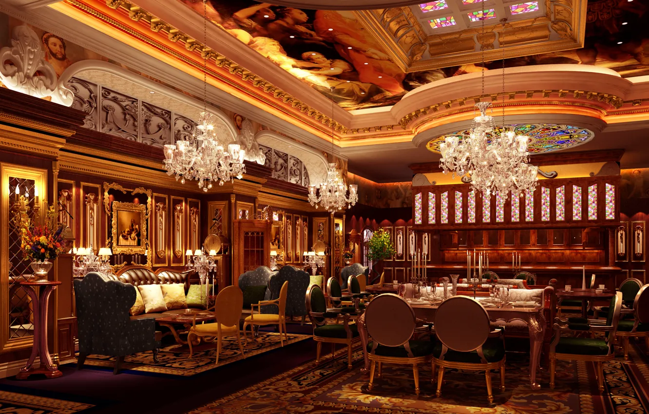 Photo wallpaper style, table, sofa, interior, chair, chair, chandelier, stained glass