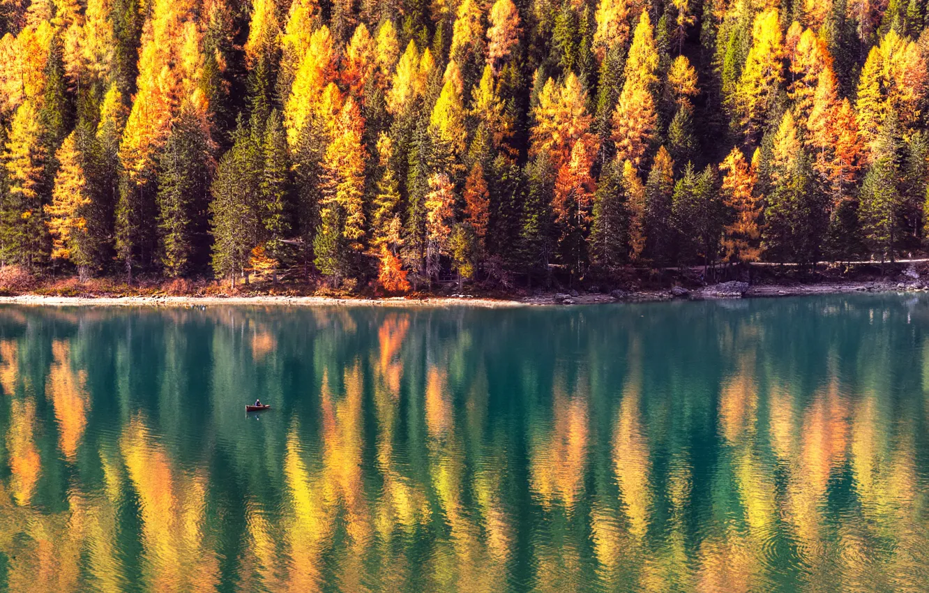 Photo wallpaper autumn, forest, the sun, trees, lake, boat, Alps, Italy