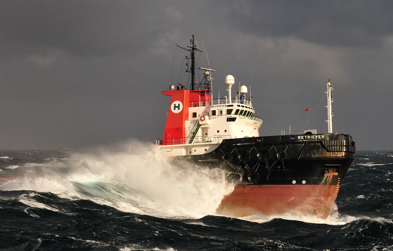 Photo wallpaper sea, wave, the sky, ship