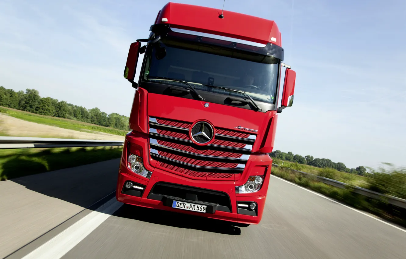 Photo wallpaper red, Mercedes-Benz, track, tractor, 2014, Actros