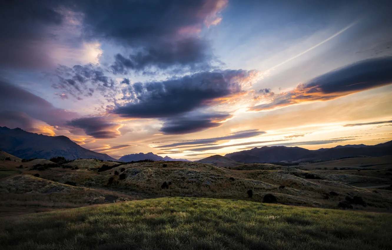 Photo wallpaper mountains, dawn, hills, morning, New Zealand