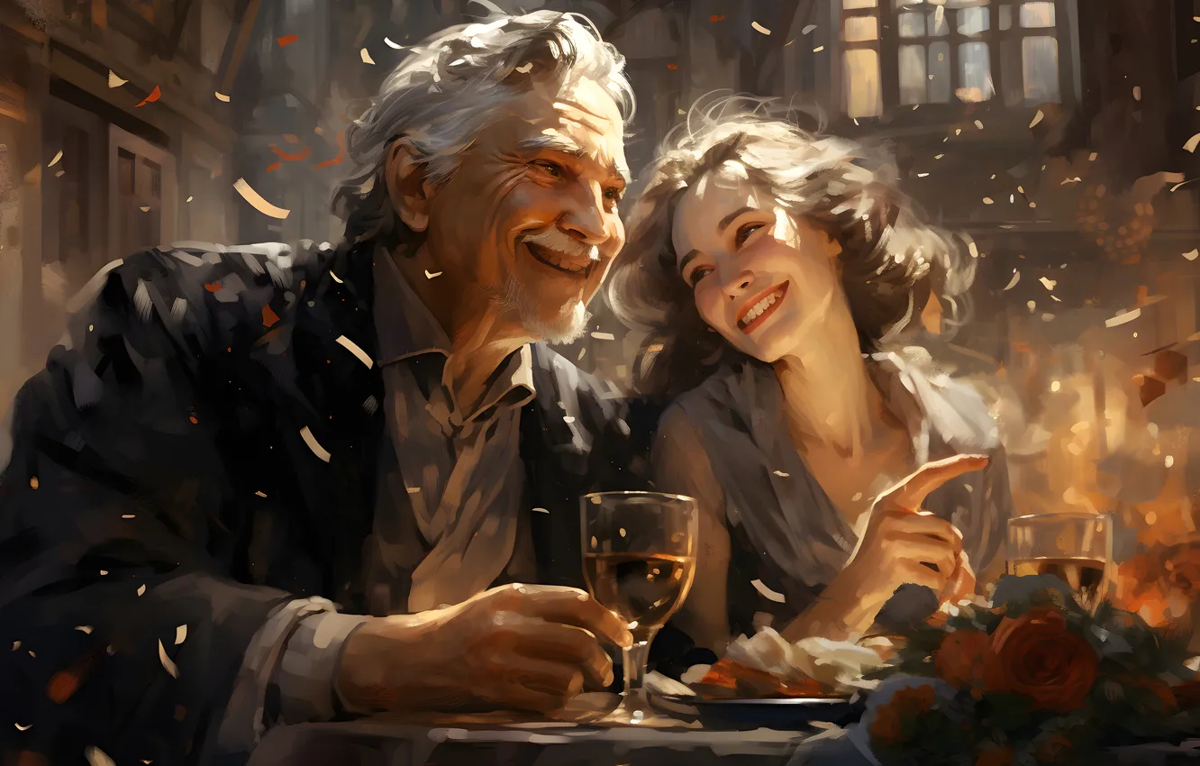 Photo wallpaper girl, joy, smile, glass, new year, Christmas, grandpa, champagne