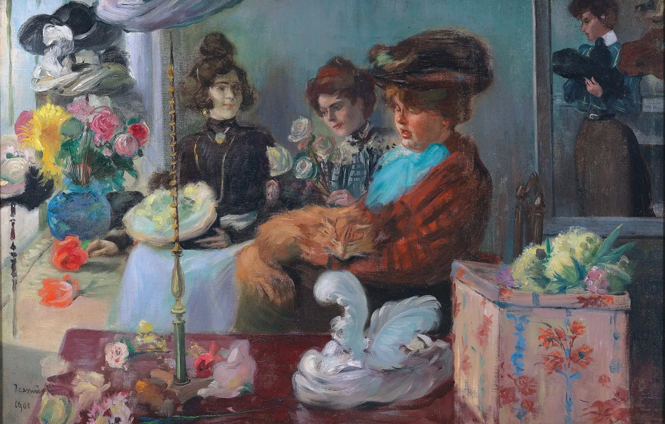 Photo wallpaper Cat, Picture, Women, French artist, At the milliner's, Pierre Georges Jeanniot, Pierre Georges Jeanniot