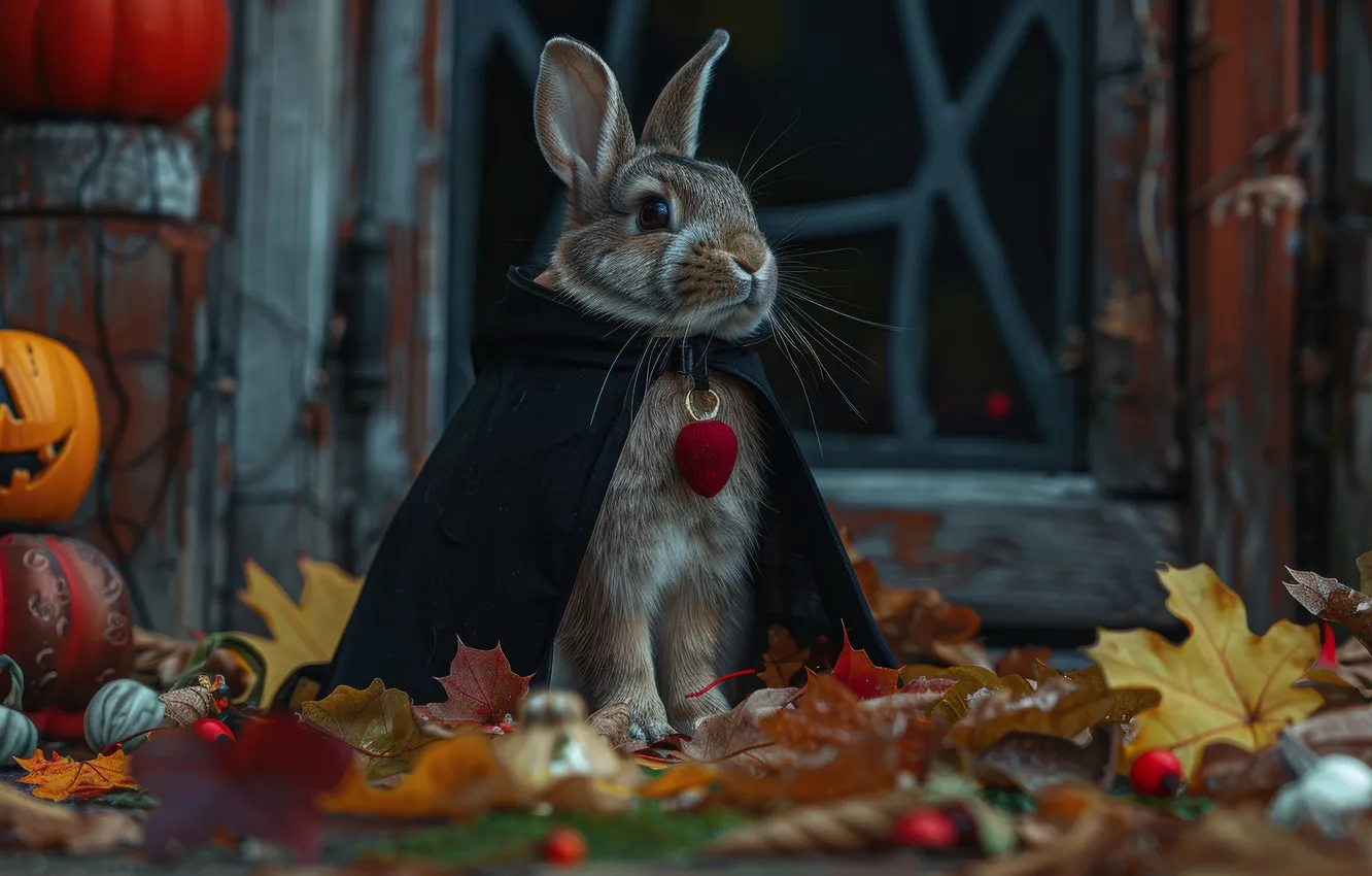 Photo wallpaper autumn, look, pose, holiday, hare, rabbit, outfit, pumpkin