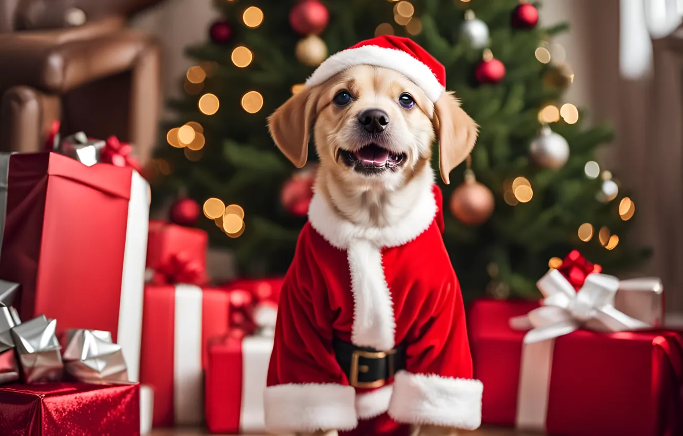 Photo wallpaper new year, dog, Christmas, puppy, face, Christmas decorations, Retriever, the Santa suit