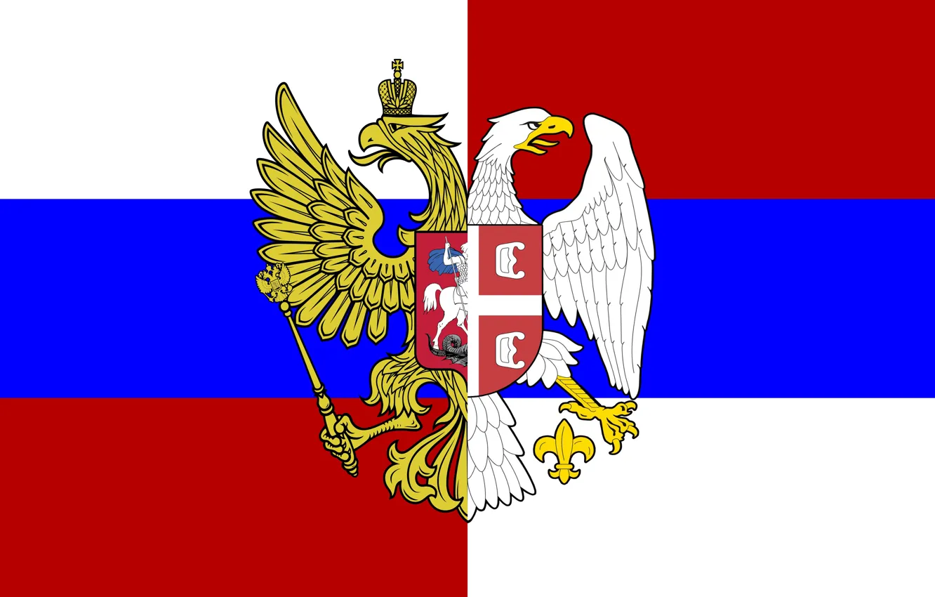 Photo wallpaper Flag, Tricolor, Coat of arms, Russia, Serbia, Brotherhood, The eagles, Blazonry