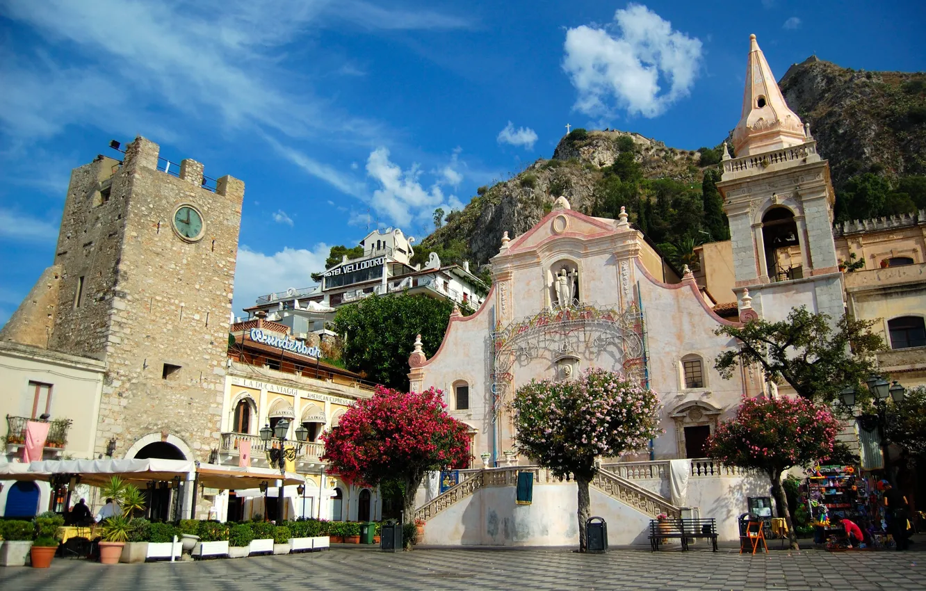 Photo wallpaper watch, tower, area, Italy, Church, Sicily, Taormina