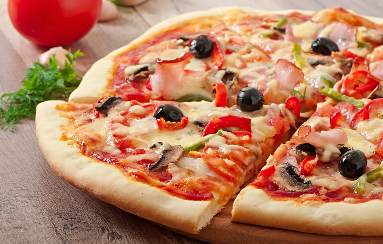 Photo wallpaper greens, mushrooms, Board, food, cheese, vegetables, pizza, tomatoes