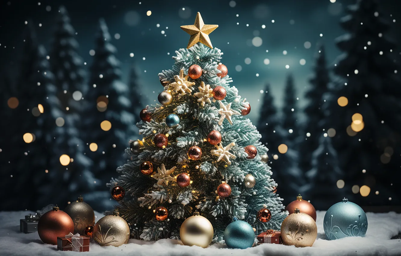 Photo wallpaper winter, forest, snow, decoration, night, lights, gift, balls