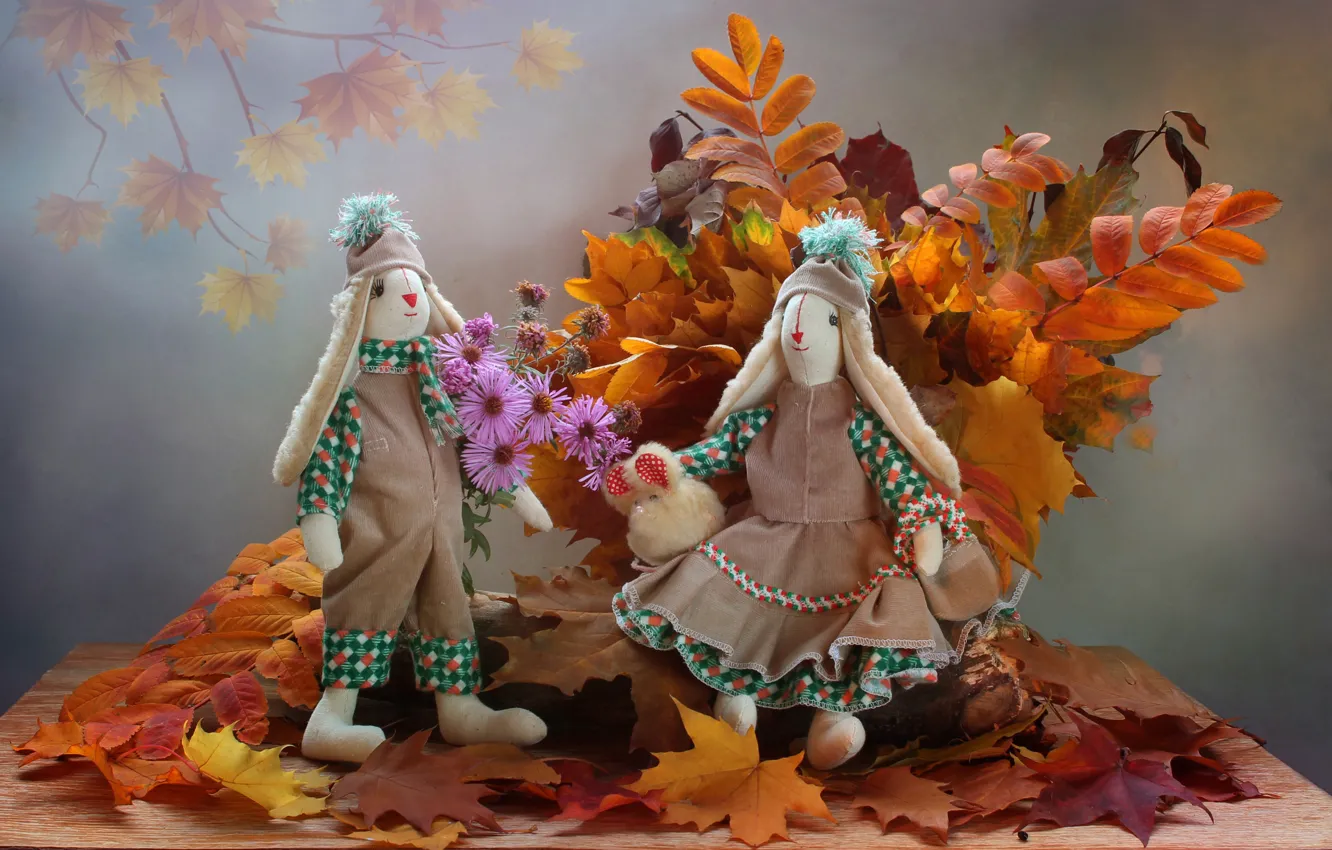 Photo wallpaper autumn, leaves, October, still life, author toy, Bunny Tilda