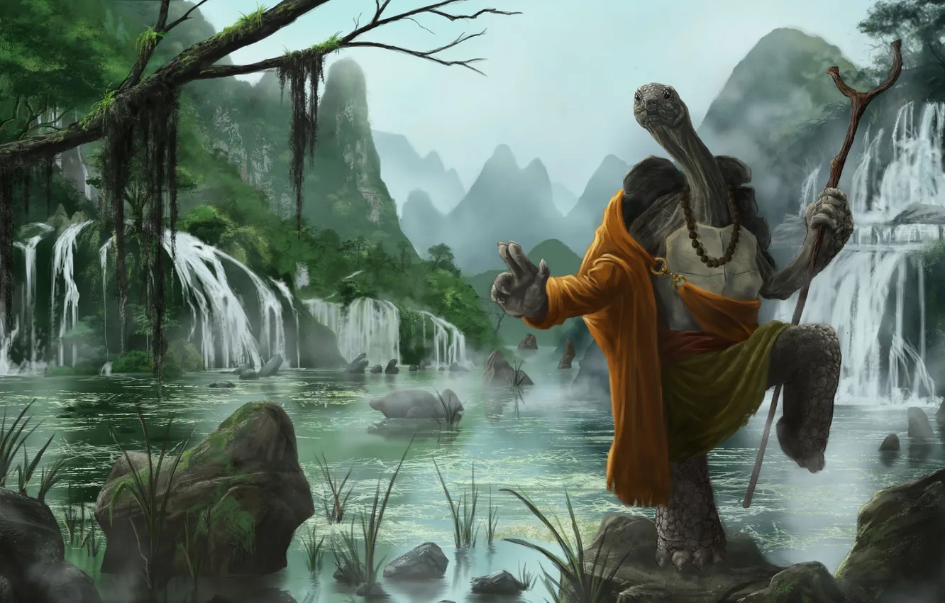 Photo wallpaper lake, stones, rocks, waterfall, turtle, art, monk, staff