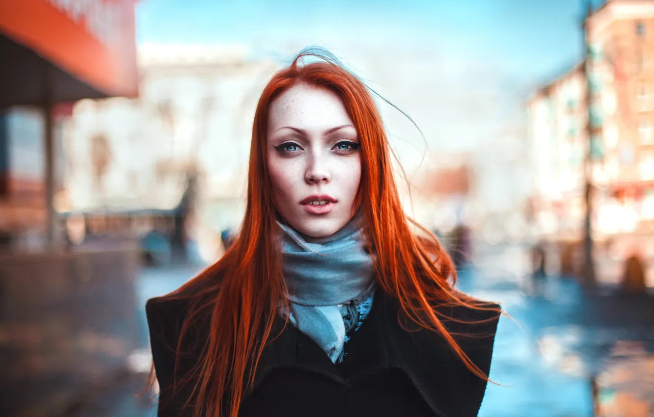 Photo wallpaper look, girl, the city, redhead, coat, blue-eyed, bokeh