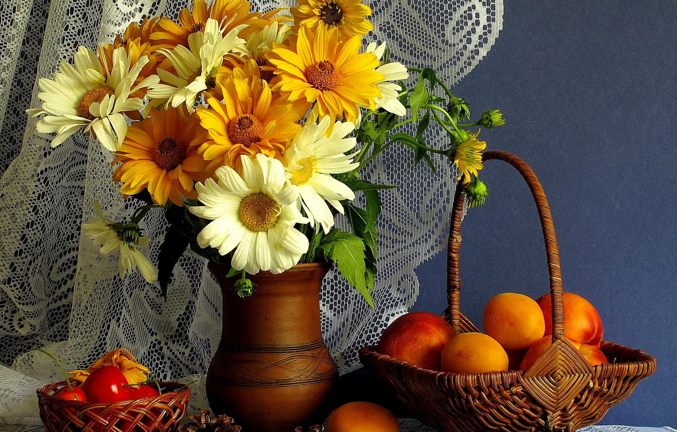 Photo wallpaper flowers, basket, pitcher, still life, bump, apricot, gerbera, nectarine