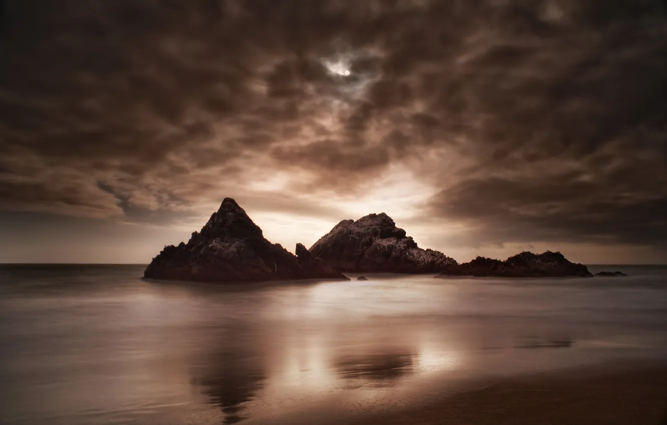 Photo wallpaper beach, clouds, the ocean, rocks, exposure, California