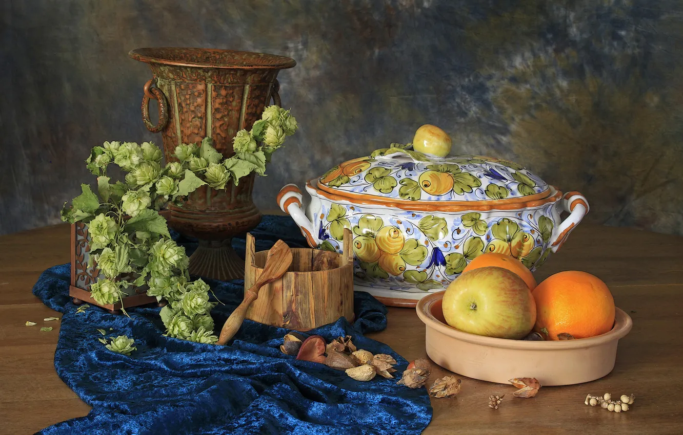 Photo wallpaper Apple, orange, dishes, hops