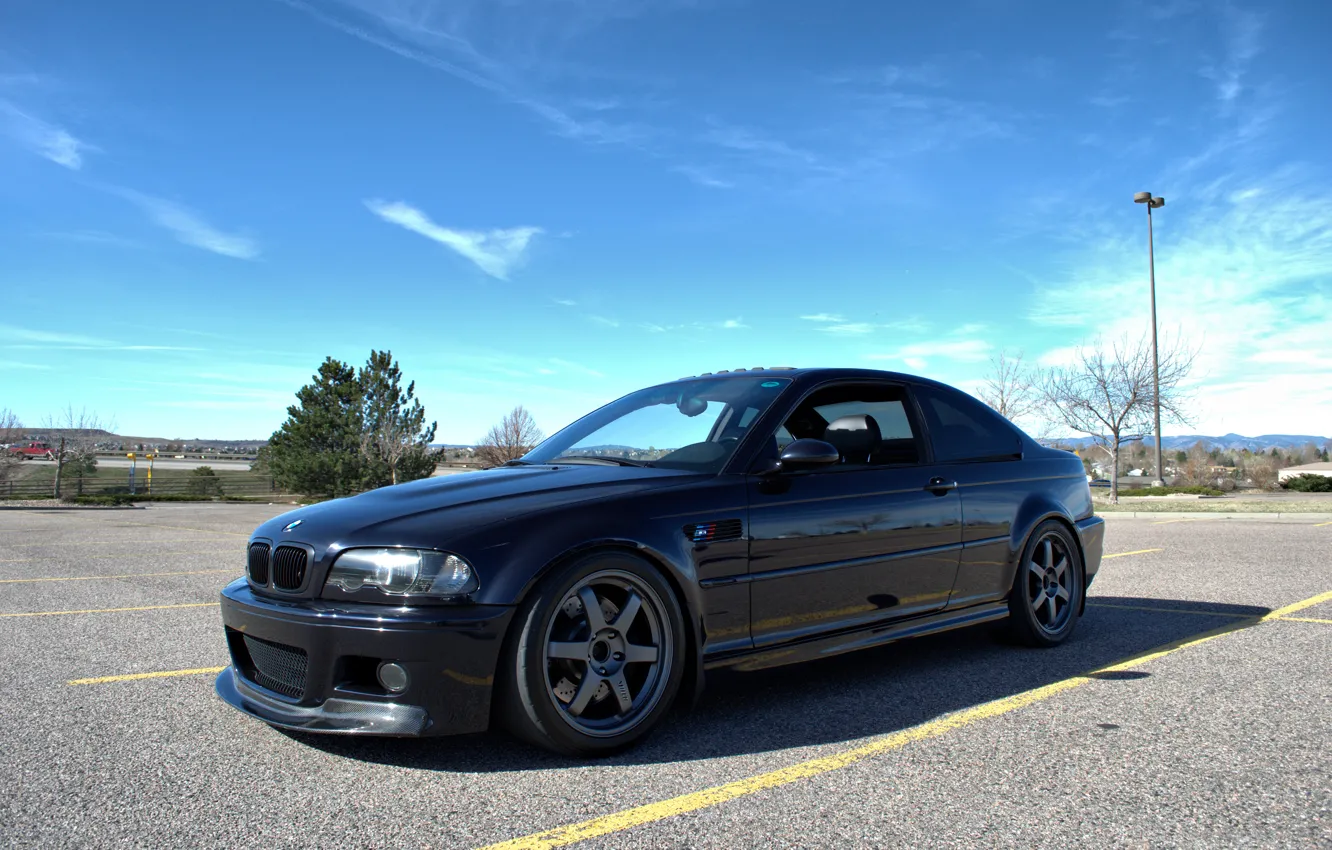 Photo wallpaper the sky, clouds, trees, black, bmw, BMW, coupe, lantern