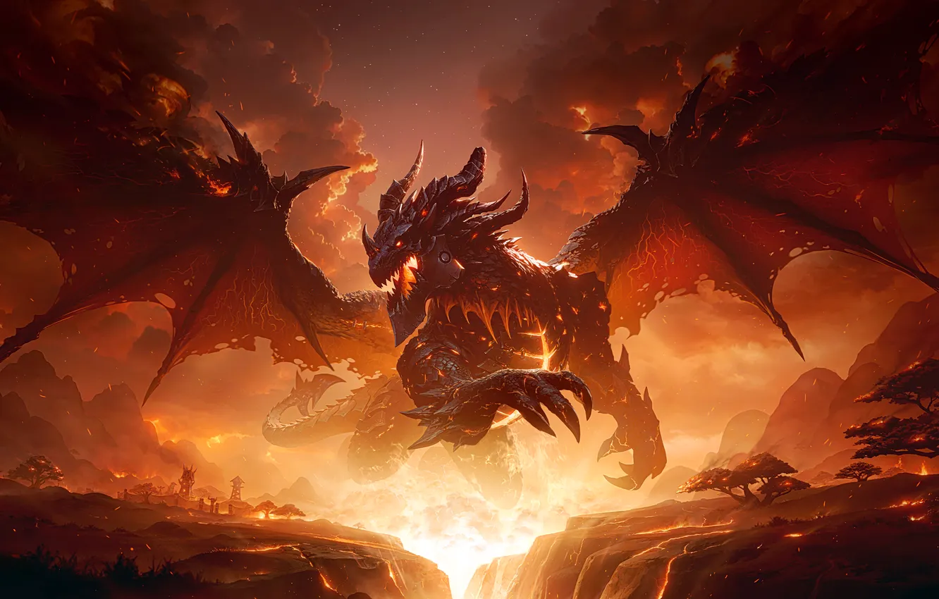 Photo wallpaper fire, World of Warcraft, Cataclysm, dragon, Deathwing