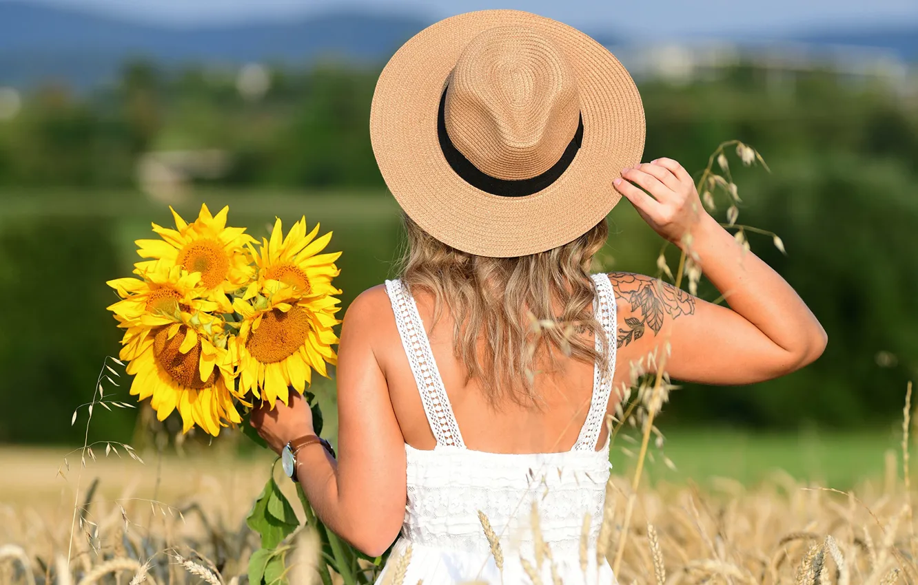 Photo wallpaper field, summer, girl, sunflowers, flowers, pose, back, hat