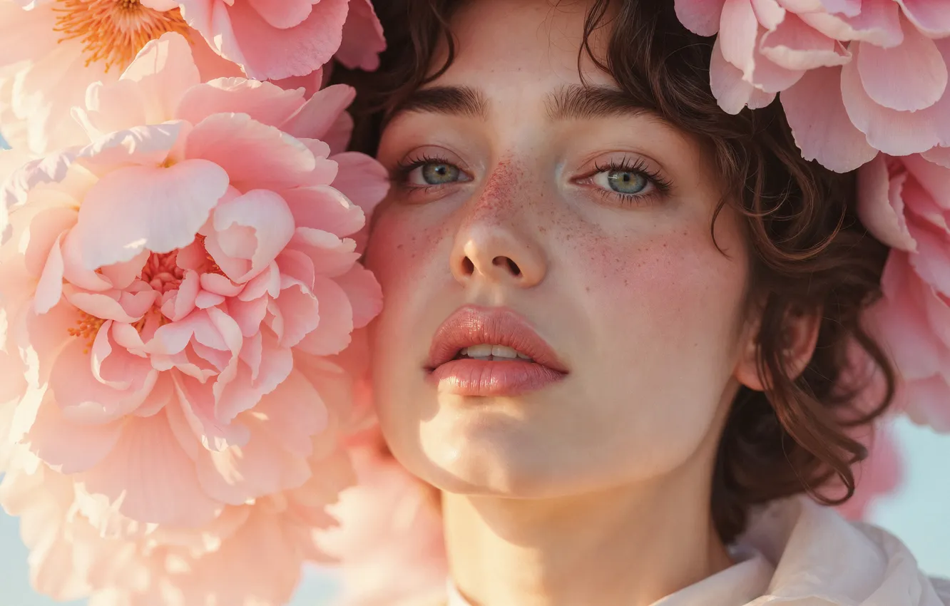 Photo wallpaper closeup, neural network, girl, face, flowers, digital art, look, AI art