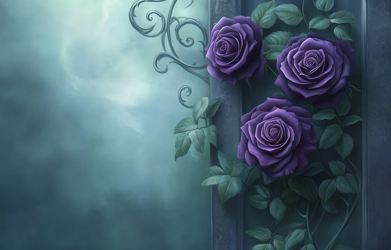 Photo wallpaper purple, leaves, flowers, roses, lilac, composition, AI art, neural network