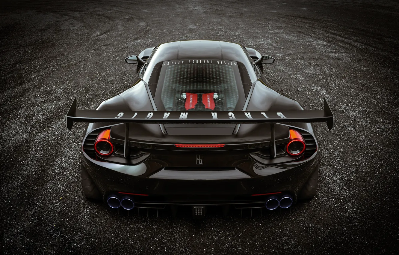 Photo wallpaper Auto, Black, Machine, Asphalt, Supercar, Sports car, Black Magic, Ferrari 488 GTB