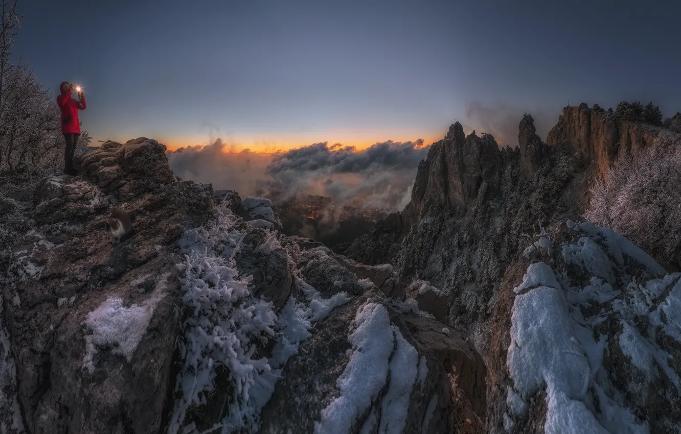 Photo wallpaper winter, clouds, landscape, mountains, nature, dawn, morning, photographer