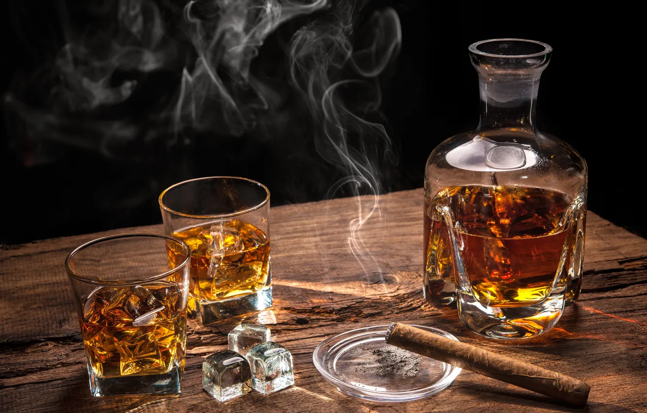 Photo wallpaper ice, whiskey, mood, drink, cigar