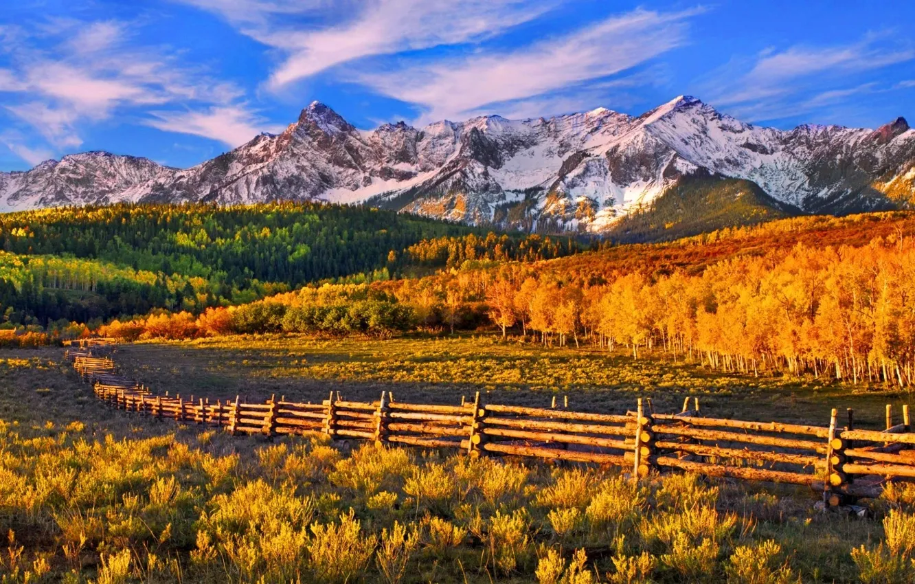 Photo wallpaper autumn, forest, the sky, sunset, mountains, the fence