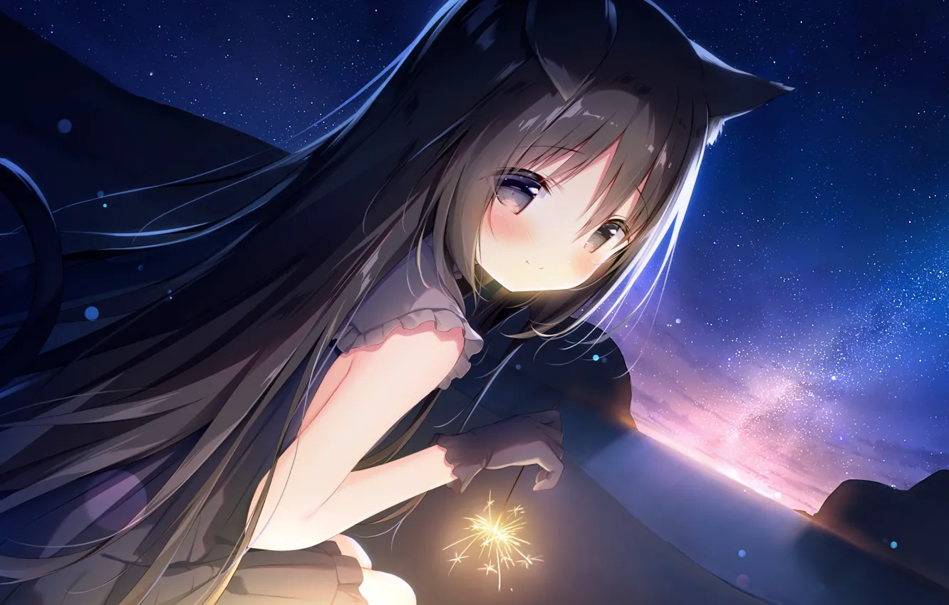 Photo wallpaper black, cat, Hoshizora Tetsudou to Shiro no Tabi, Sparkler, girl, night