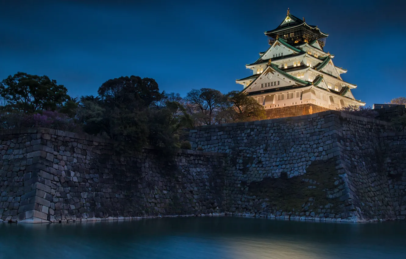 Photo wallpaper water, night, castle, Japan, Japan, Osaka, Osaka, ditch