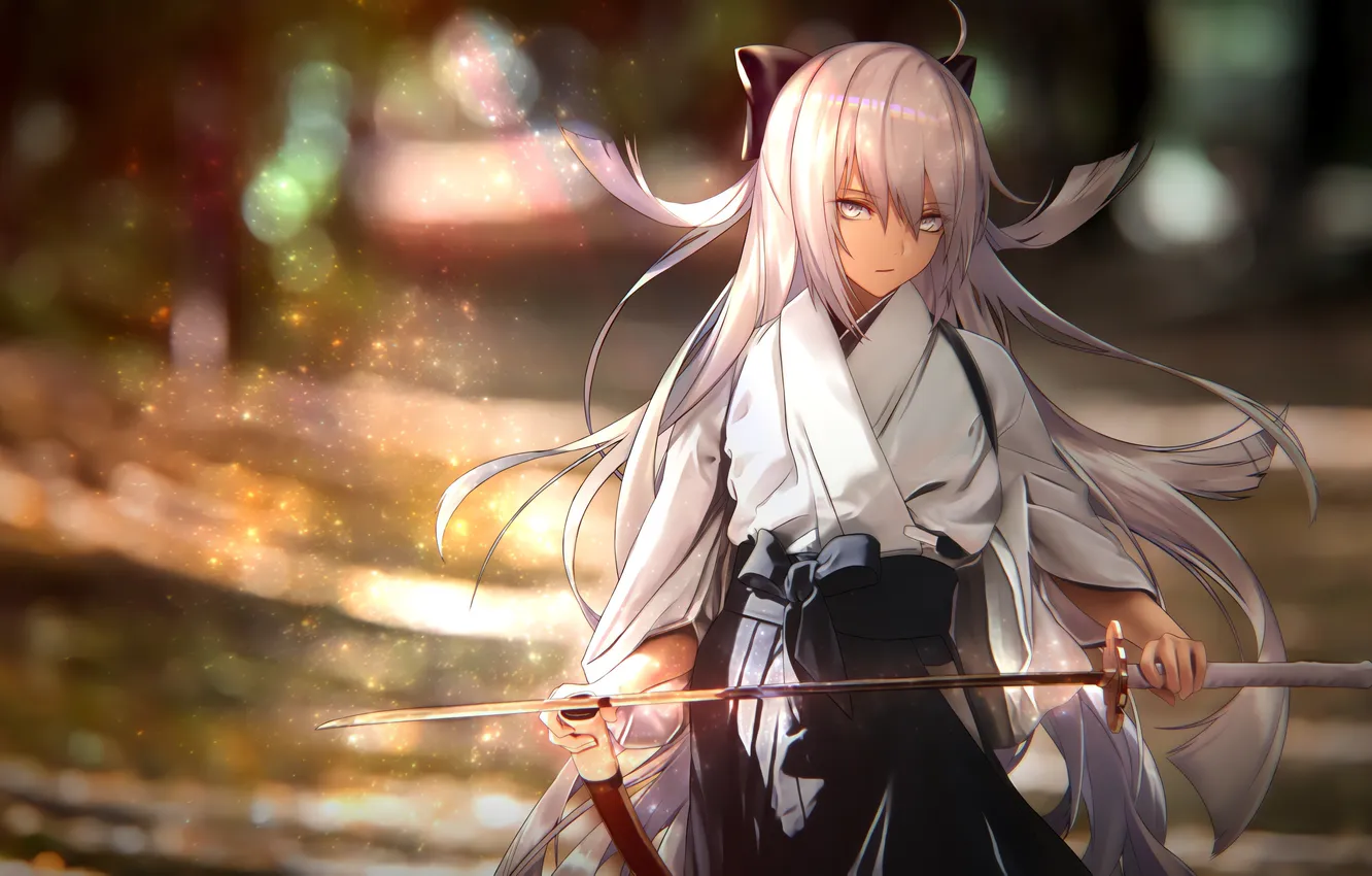 Photo wallpaper girl, sword, long hair, anime, beautiful, katana, pretty, samurai