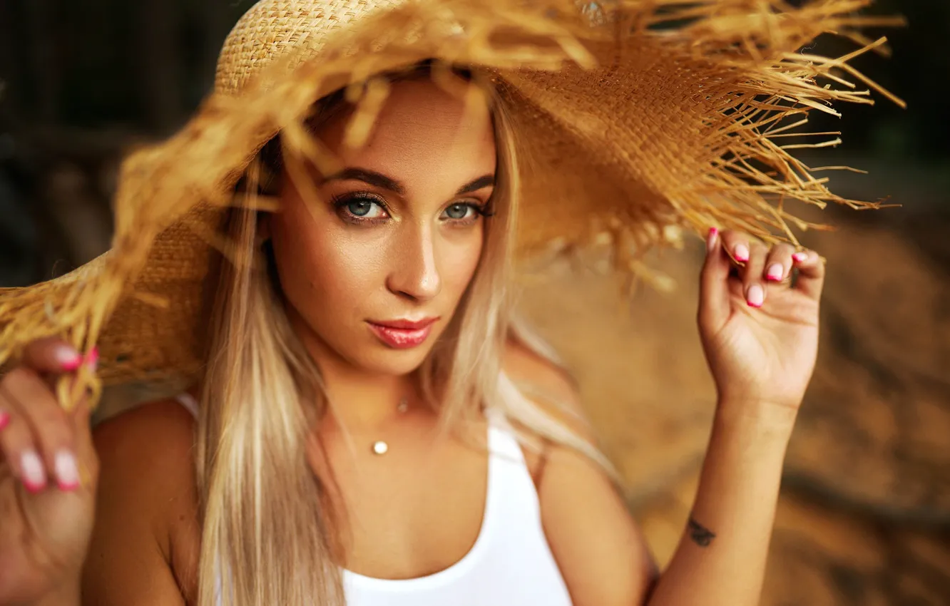 Photo wallpaper look, pose, model, portrait, hat, hands, makeup, hairstyle