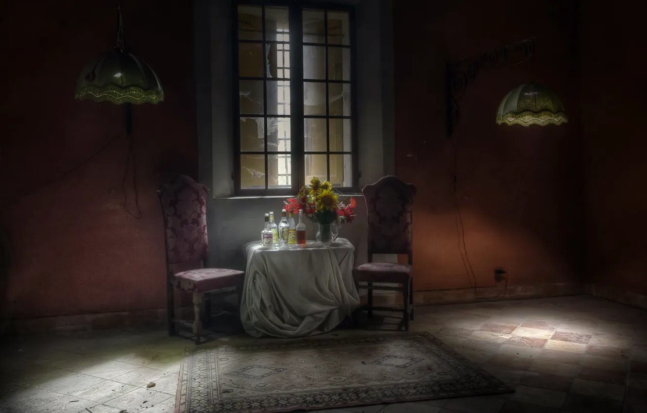 Photo wallpaper table, window, chair