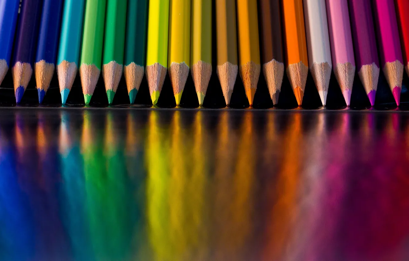 Photo wallpaper color, macro, reflection, table, bright, colored, rainbow, pencils