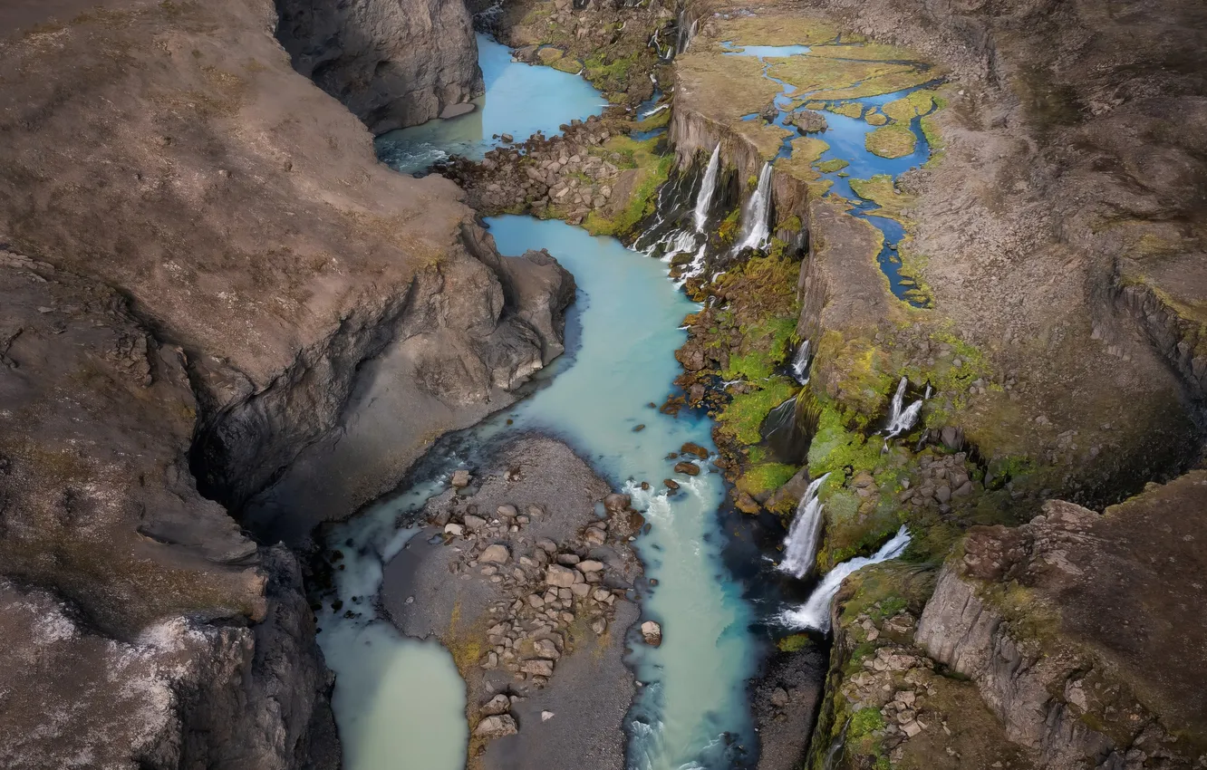 Photo wallpaper river, landscape, nature, waterfalls, cliffs, aerial view