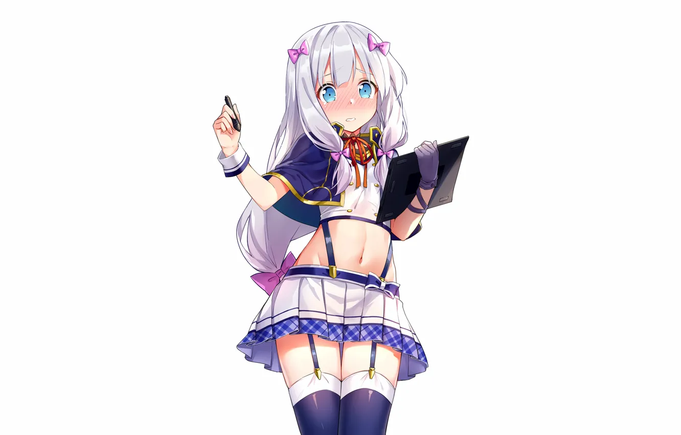 Photo wallpaper girl, sexy, school uniform, thighhighs, long hair, anime, blue eyes, beautiful