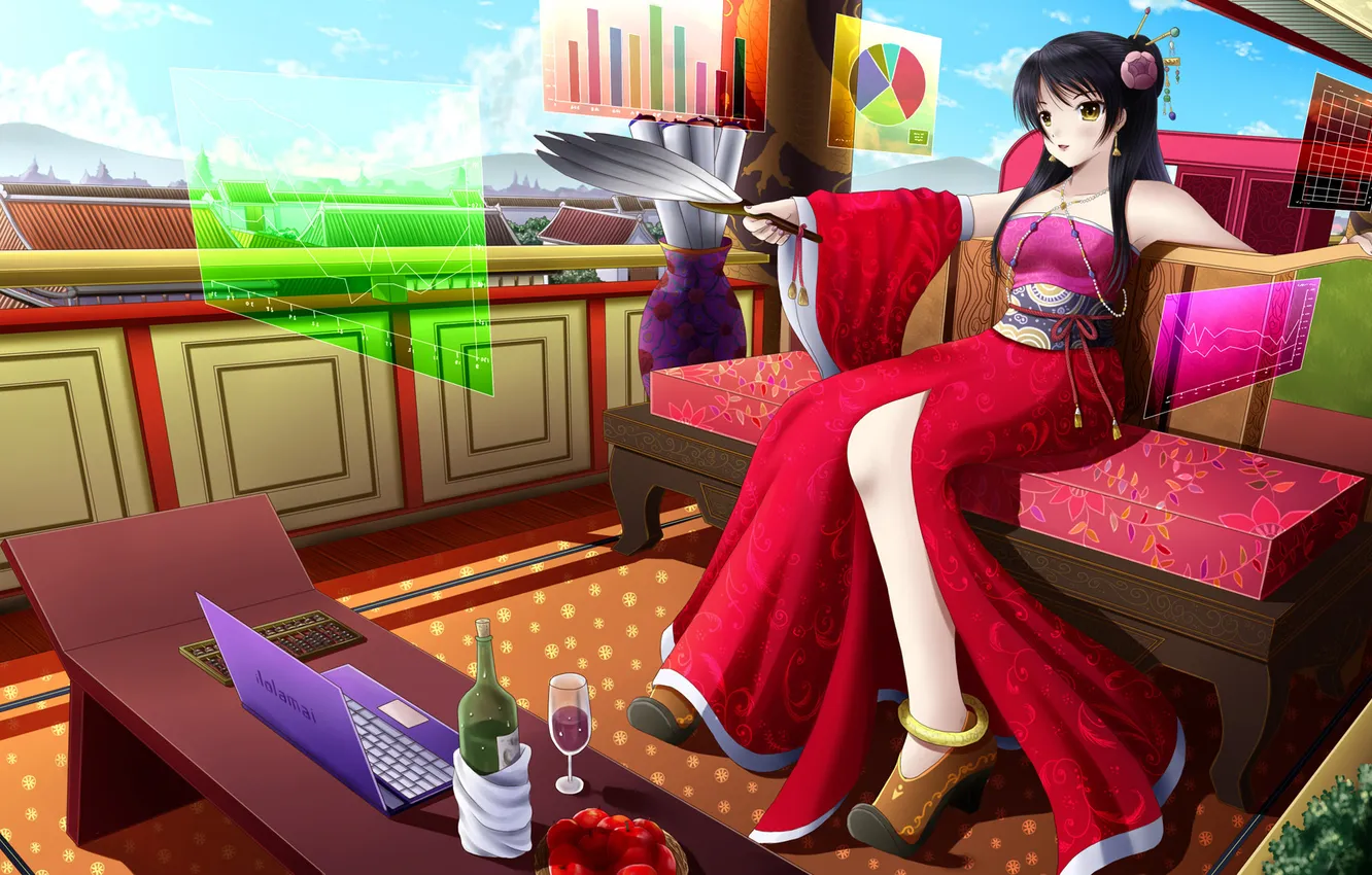 Photo wallpaper girl, decoration, fiction, interface, Asia, fan, art, outfit