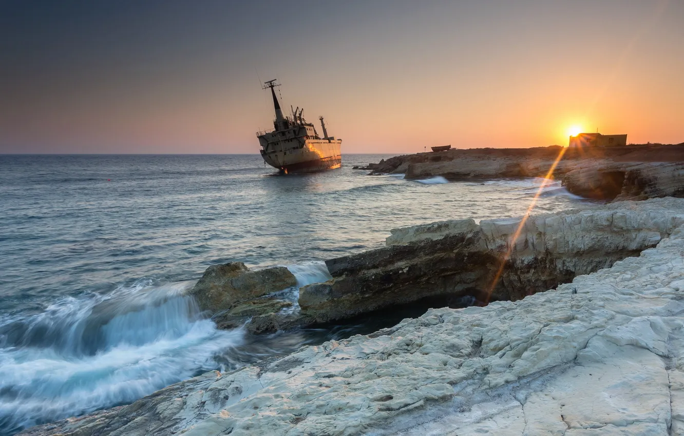 Photo wallpaper sea, landscape, sunset, ship