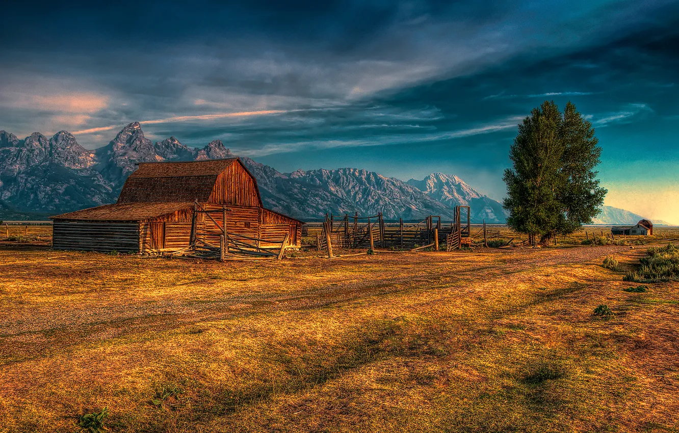 Photo wallpaper the sky, clouds, trees, mountains, home