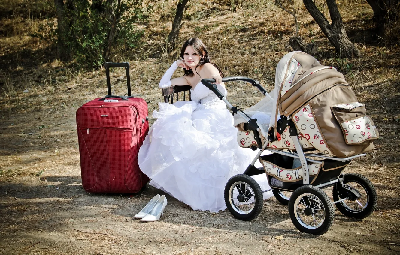 Photo wallpaper SHOES, DRESS, BROWN hair, The SITUATION, STROLLER, WEDDING, SUITCASE, CHILDREN's