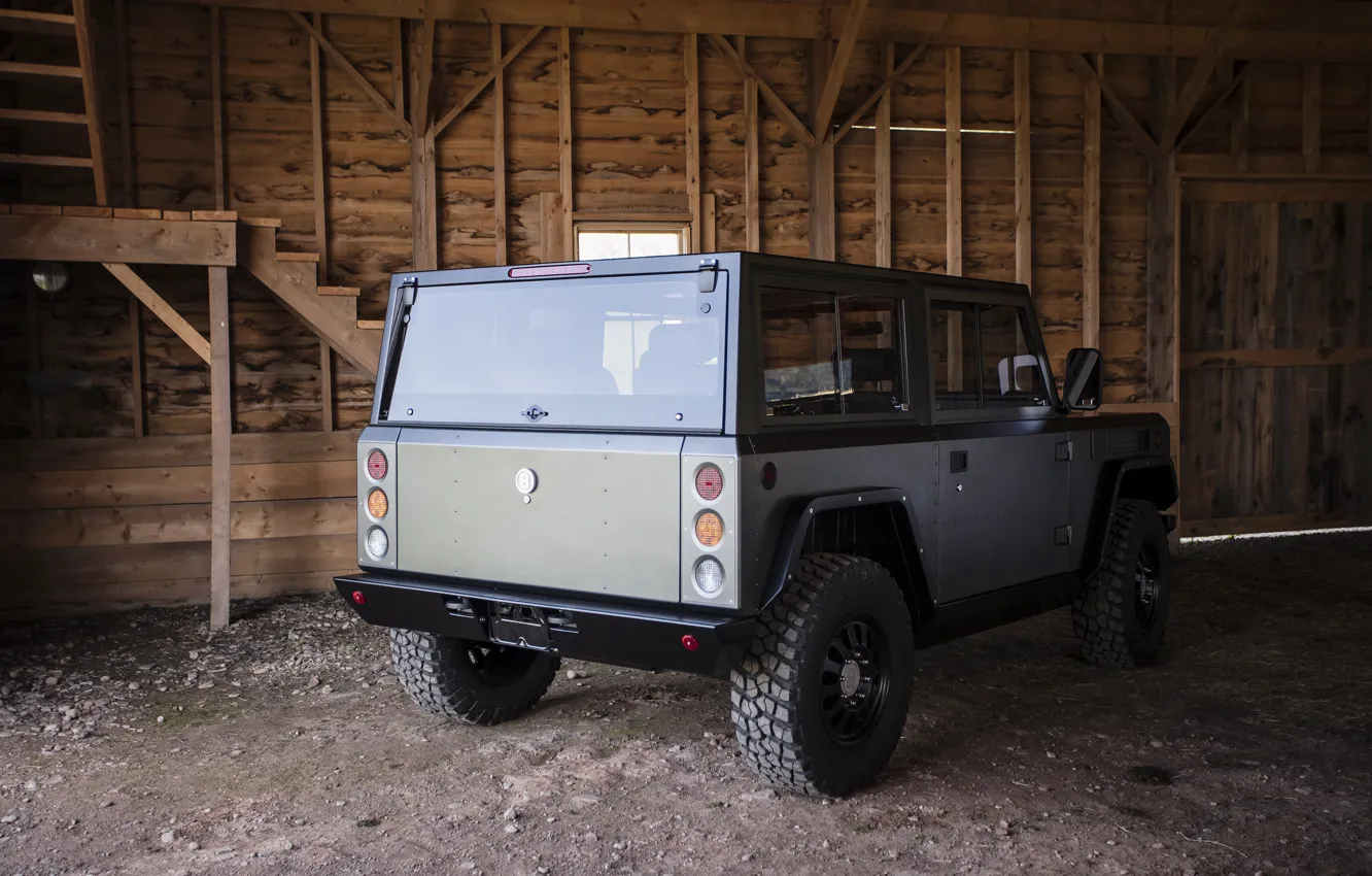 Photo wallpaper the barn, SUV, rear view, the room, electric, Bollinger, B1 Electric Truck