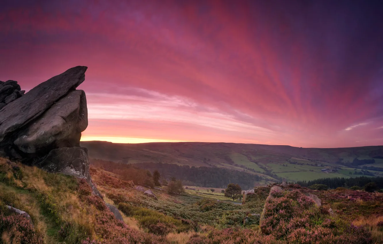 Photo wallpaper stones, rocks, England, valley, glow, Derbyshire