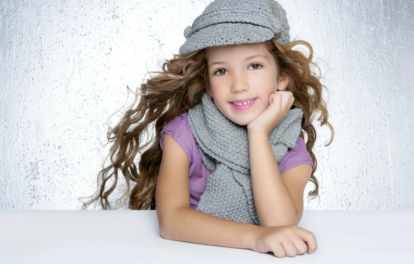 Photo wallpaper smile, hat, scarf, girl, cap, curls