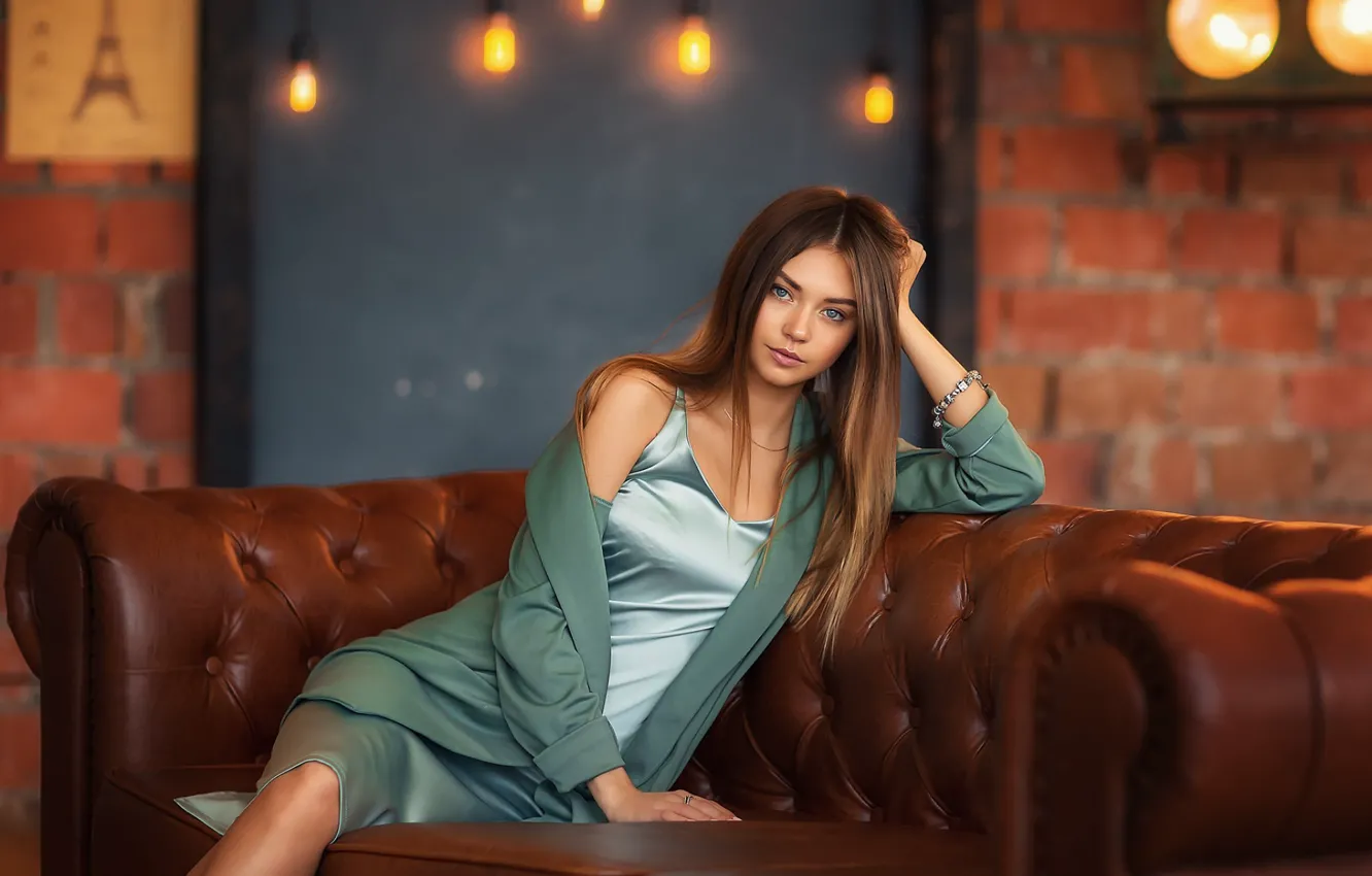 Photo wallpaper girl, pose, sofa, dress, sitting, Pauline Kostiuk, Anastasia Barmina