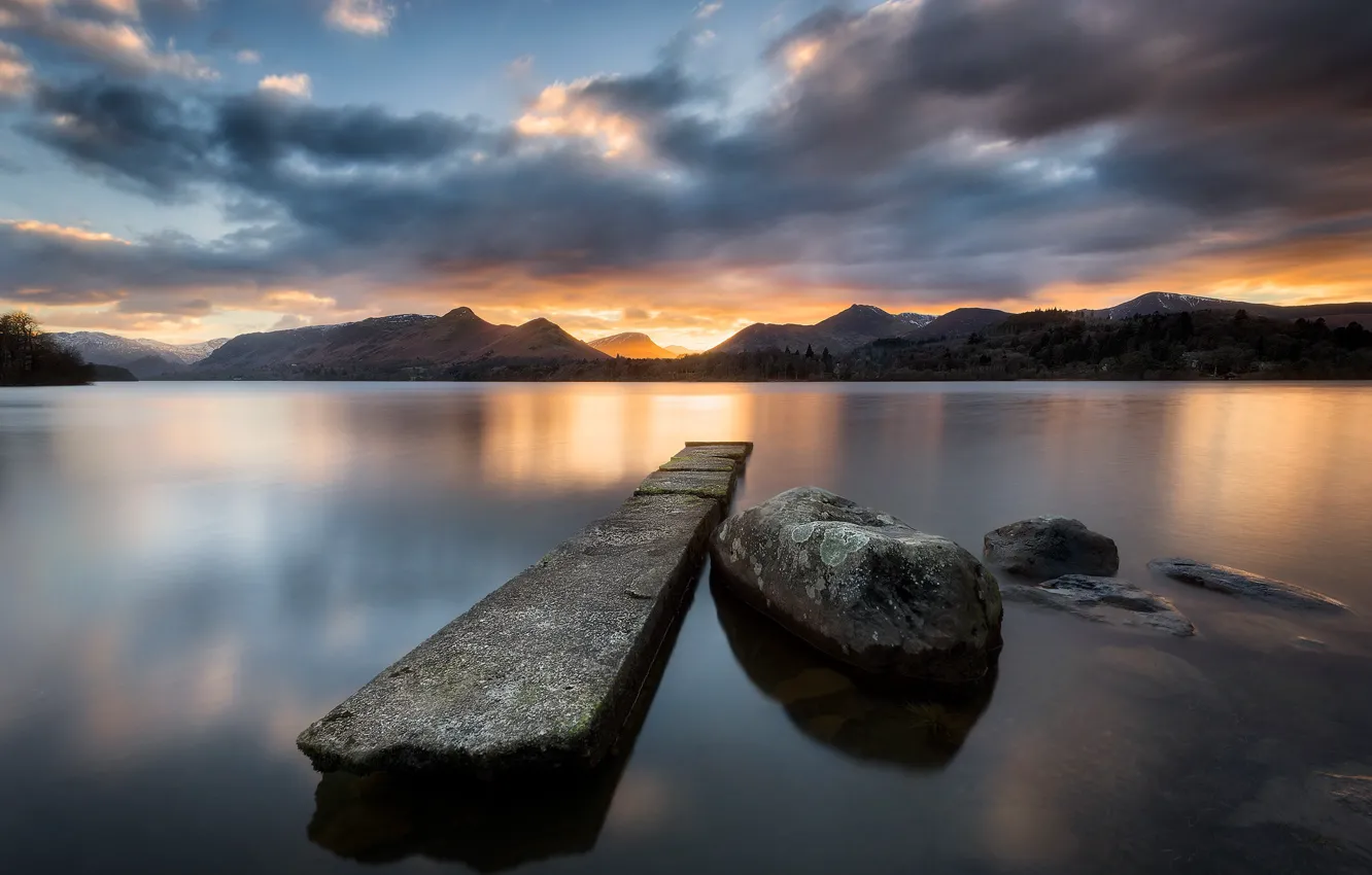 Photo wallpaper clouds, mountains, lake